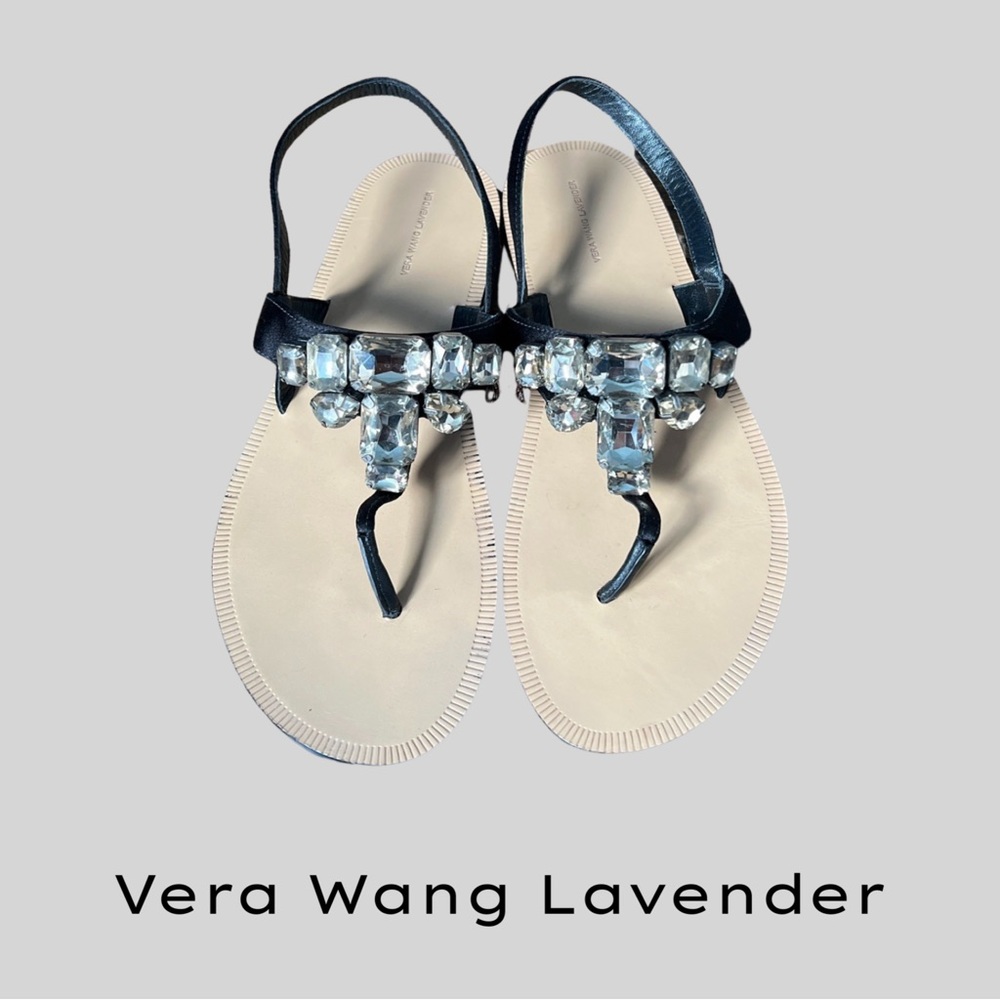 VERS WANG LAVENDER BLACK SATIN JEWELED THONG CAPRI SANDAL - SIZE 8